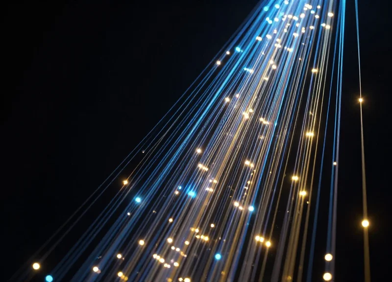 Abstract data visualization showing a significant upward trend with glowing nodes and light trails.