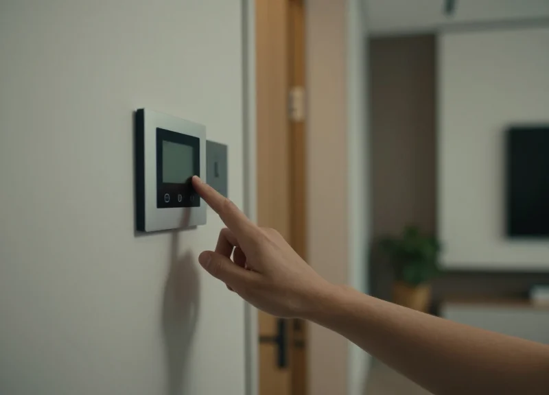 A person interacting with a small smart home security screen mounted on a wall.