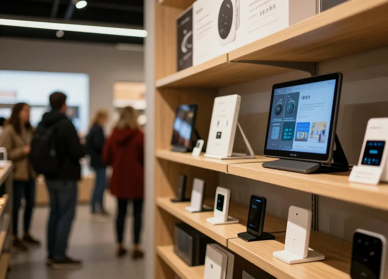 A modern international smart home retail store with electronic shelf labels on the shelves and customers of diverse backgrounds.