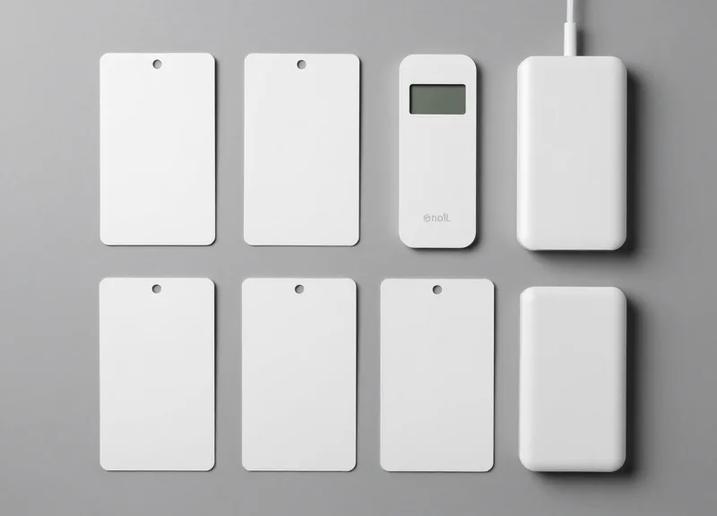 Electronic shelf label hardware components including digital tags and a gateway hub neatly arranged on a gray surface.