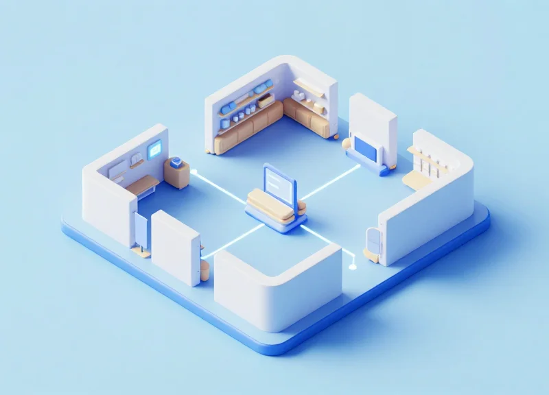 Isometric 3D model of a customer journey through a smart retail store with interactive zones.