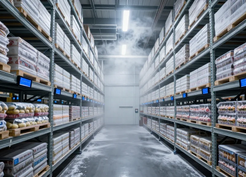 A wide shot of a modern industrial cold storage warehouse with frosty air and electronic shelf labels on the racks.