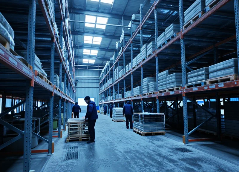 A wide-angle cinematic shot of a cold chain warehouse interior with frost-covered shelves and workers in thermal uniforms.