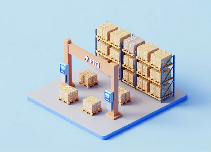 An isometric 3D model of a warehouse loading dock with automated tracking sensors at the entry point.
