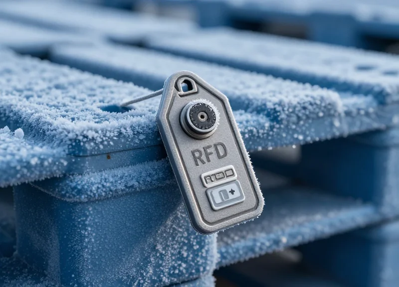 A close-up shot of an RFID tag on a frozen pallet in a sub-zero warehouse environment.
