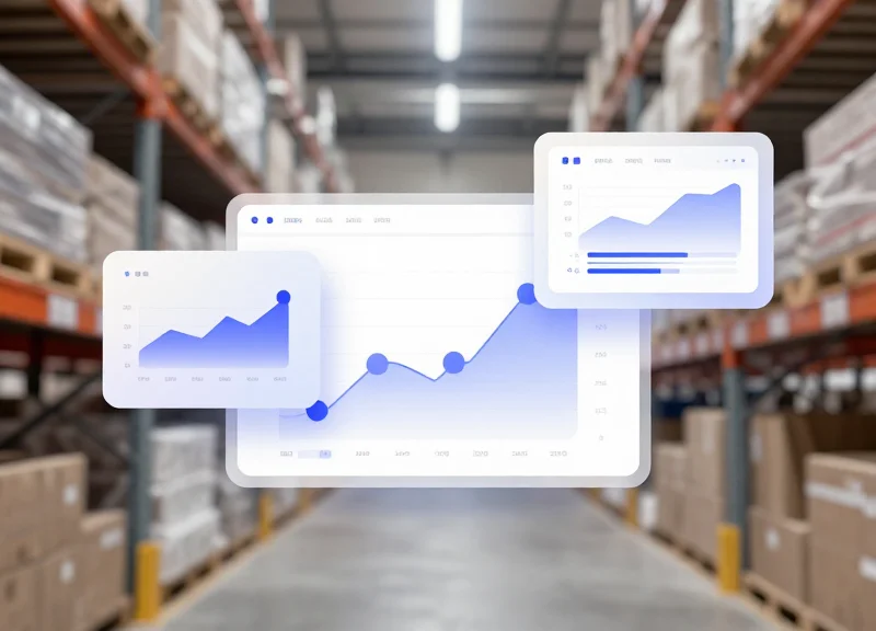 A modern warehouse management system interface with abstract data cards and graphs showing stock-in status.