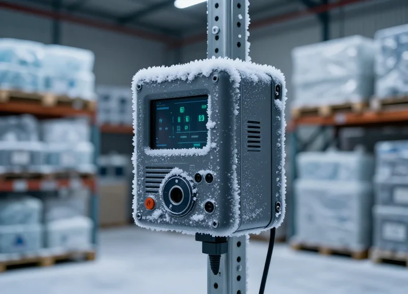 Industrial hardware equipment covered in ice and frost within a sub-zero cold storage facility.