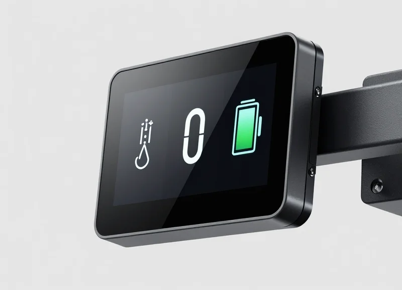 Close-up of a next-generation electronic shelf label with integrated sensor icons.