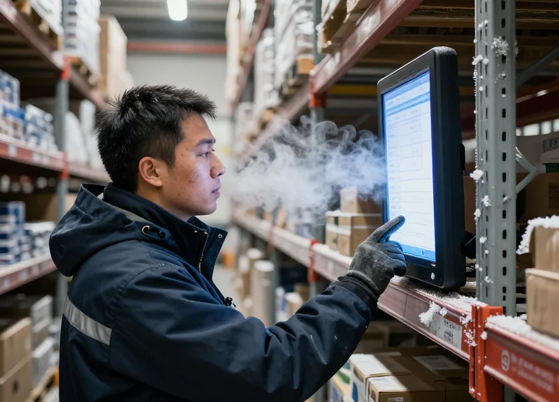A warehouse worker inspecting a digital display in a freezing cold storage environment.