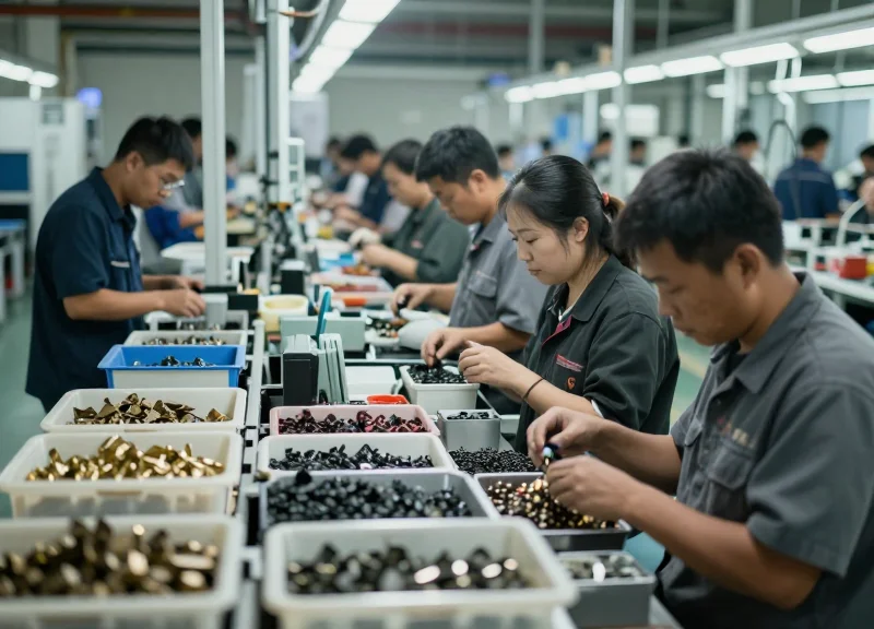 A busy modern manufacturing floor showing the complexity of high-mix assembly with various small components and parts in organized bins.