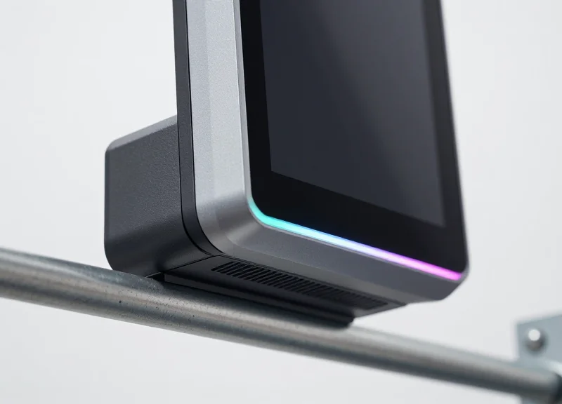 Close-up of a digital electronic shelf label with a bright LED indicator light used for pick-to-light systems.