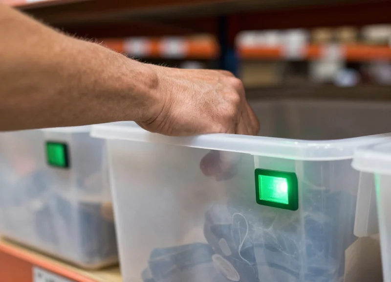 A warehouse worker picking an item from a bin guided by a glowing green LED light on a shelf label.