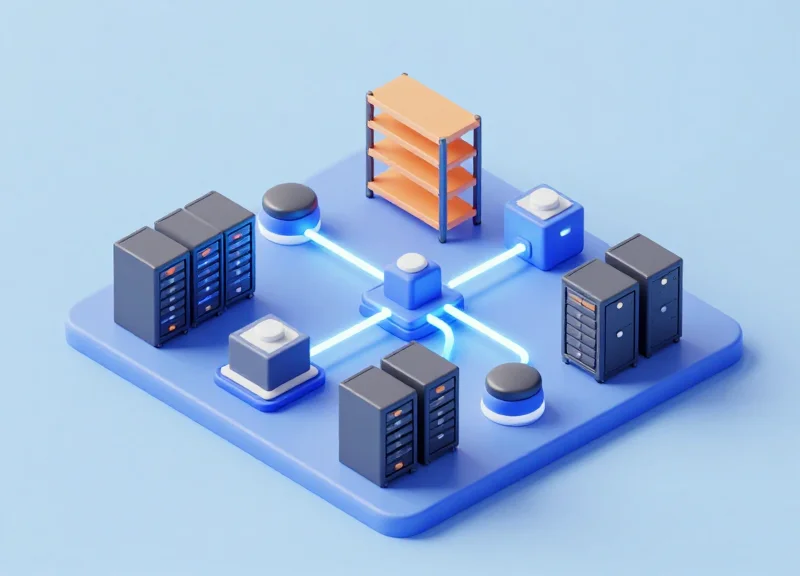 Isometric 3D model of a warehouse management system showing the connection between shelf labels and central servers.