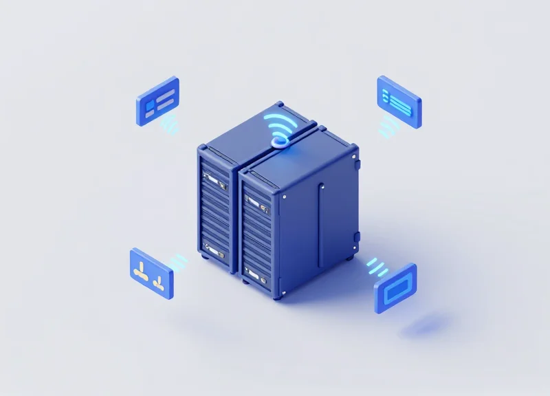 Isometric 3D visualization of a central server system wirelessly connected to multiple electronic shelf labels in a warehouse.