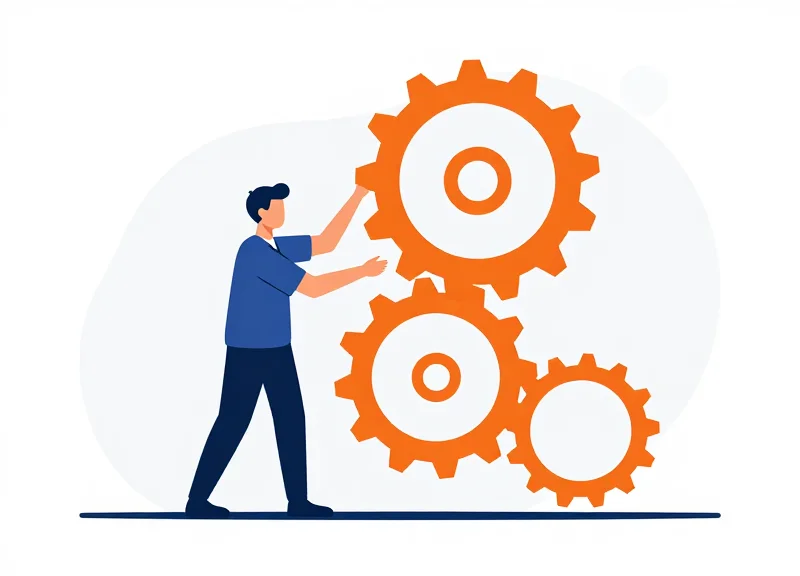Flat vector illustration of a technician solving a complex mechanical puzzle representing technical optimization.