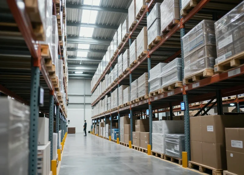 A modern warehouse aisle with high-tech shelving and automated guidance systems under bright natural light.