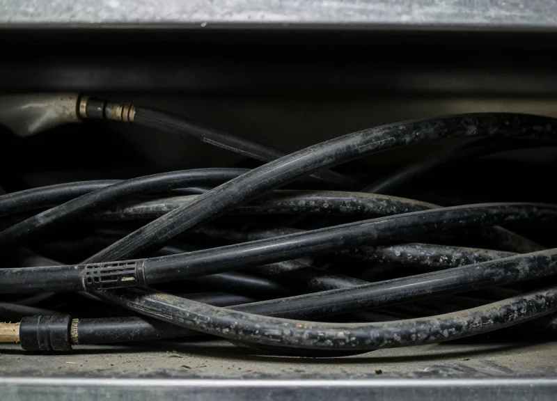 Close-up of a cluttered industrial rack with tangled black wires and old electrical components.