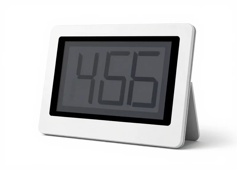 A sleek, minimalist wireless electronic shelf label with a digital e-ink display on a white background.