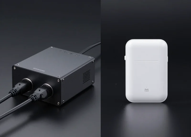 Side-by-side comparison of a bulky wired industrial light and a compact wireless digital tag.