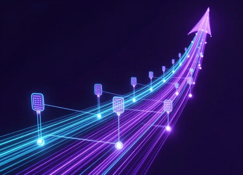 Futuristic integration of RFID and ESL technology shown through glowing circuit pathways and holographic icons.