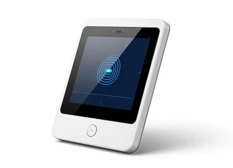 High-tech multi-frequency electronic shelf label with a sleek industrial design and digital display.