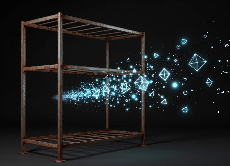 Surrealist illustration of a heavy rusted metal structure transforming into weightless digital light particles.