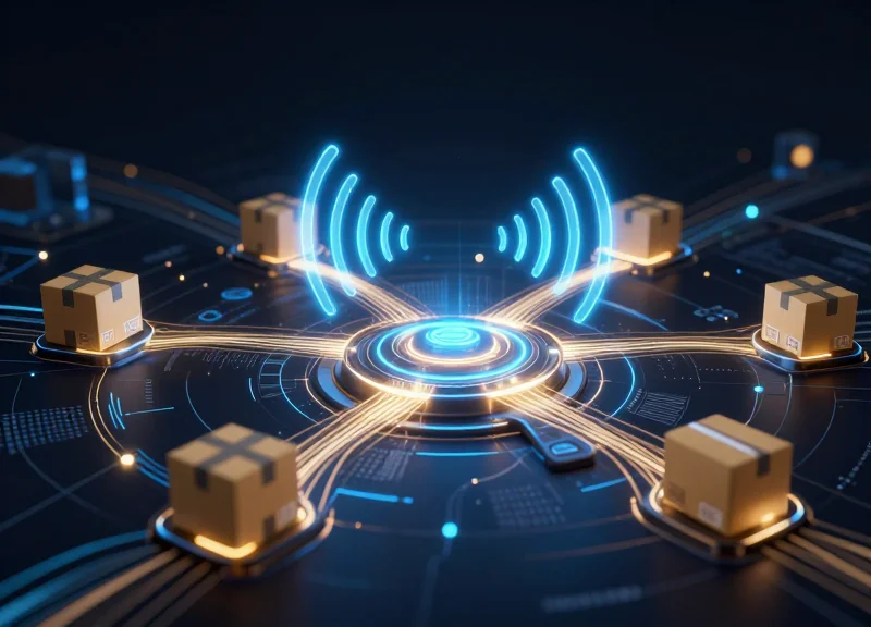 Abstract digital nodes and wireless signal waves representing RFID connectivity.