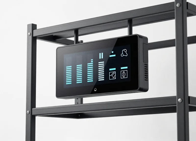 A close-up shot of an electronic shelf label with a digital display mounted on a rack.