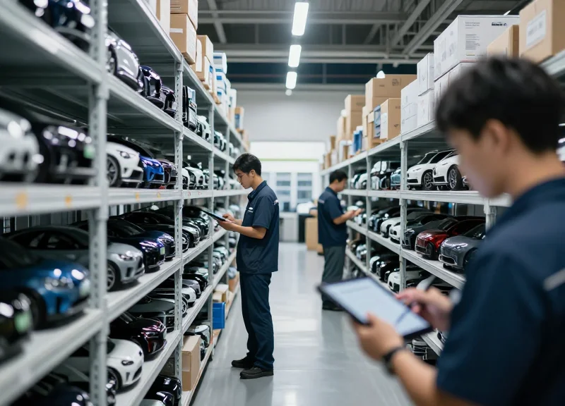 A clean and organized 4S auto parts warehouse with workers and high-tech inventory shelves.