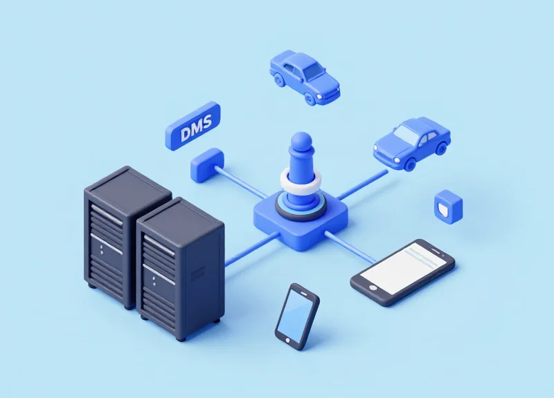 3D isometric model showing the connection between warehouse hardware and a digital management system.