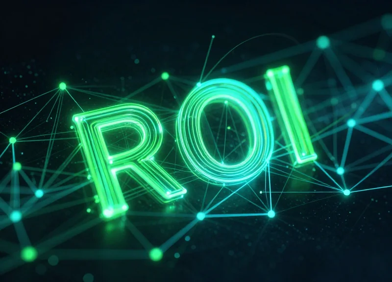 Abstract visualization of return on investment with glowing green nodes and interconnected light trails.