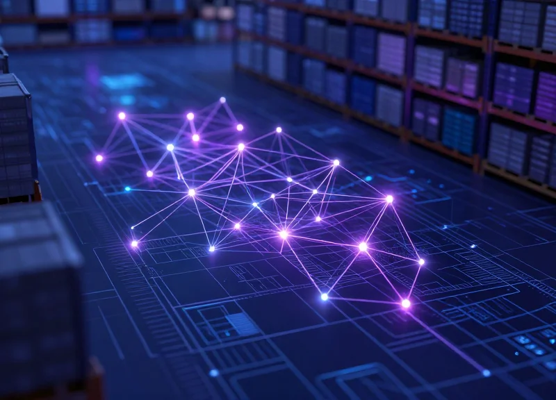 Conceptual high-tech visualization of artificial intelligence and sensor fusion enhancing a logistics distribution center.