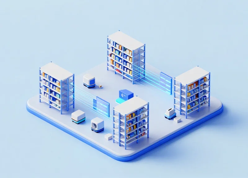 Isometric 3D illustration of a futuristic smart warehouse for 4S components with automated systems and glowing data paths.
