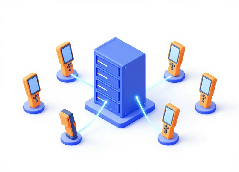 Isometric 3D model of a connected factory ecosystem with smart tools linked to a central cloud server
