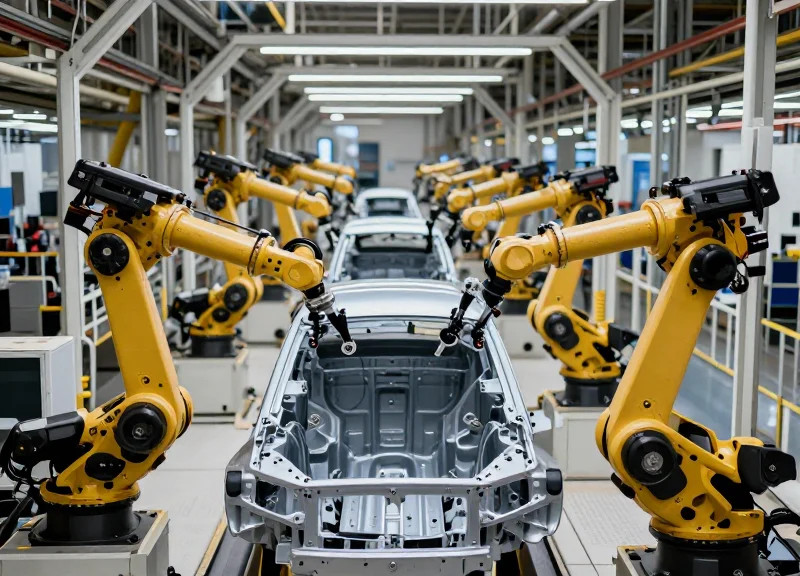 Busy automotive assembly line with robotic arms and blurred industrial background