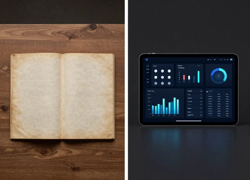 Side-by-side comparison of a traditional paper logbook and a modern digital tablet