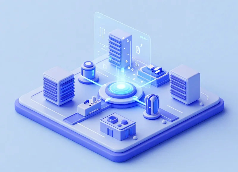 Isometric view of a smart factory with interconnected data nodes and servers