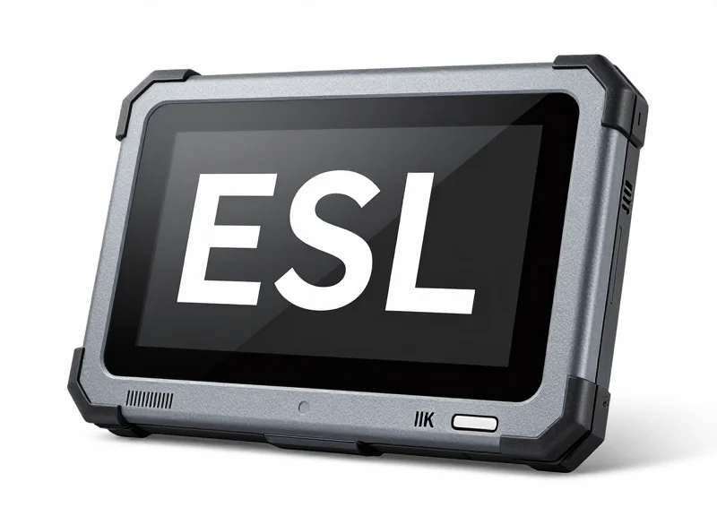 Close-up of a rugged industrial-grade electronic shelf label with a gray casing and wide digital screen.