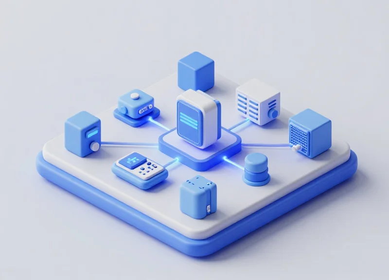 Isometric 3D model of a smart factory maintenance system.