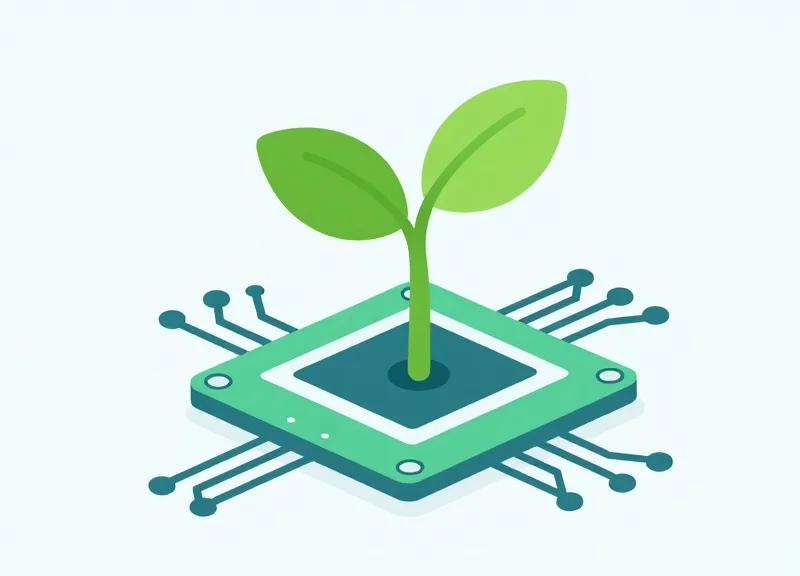 Digital plant growing from circuit board representing eco-friendly manufacturing.