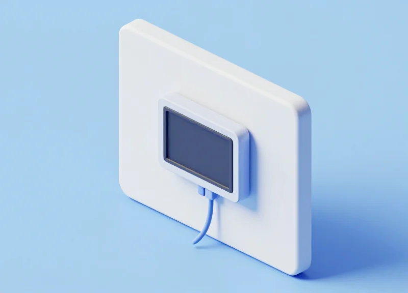 Isometric 3D model of a meeting room wall showing a wireless display being mounted without any cables or wires.