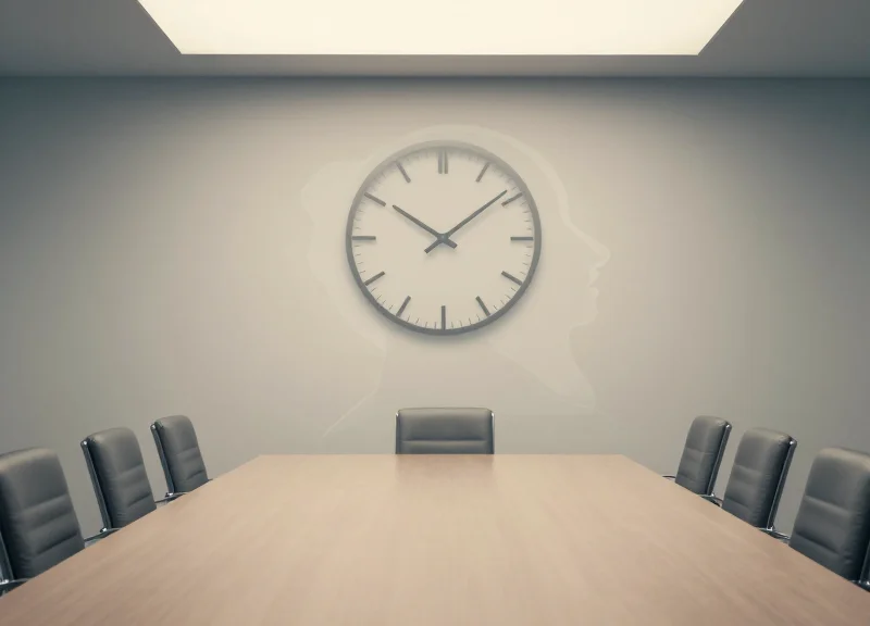 A surrealistic illustration of an empty modern meeting room representing wasted space and ghost meetings.