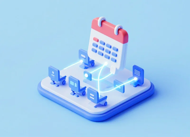 A 2.5D isometric illustration showing digital labels connected to a calendar system.