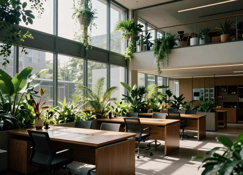 A modern sustainable smart office with lush indoor greenery and natural sunlight filtering through large windows.