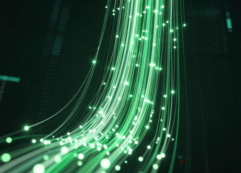 Abstract digital visualization of green energy flowing upwards through glowing data streams.