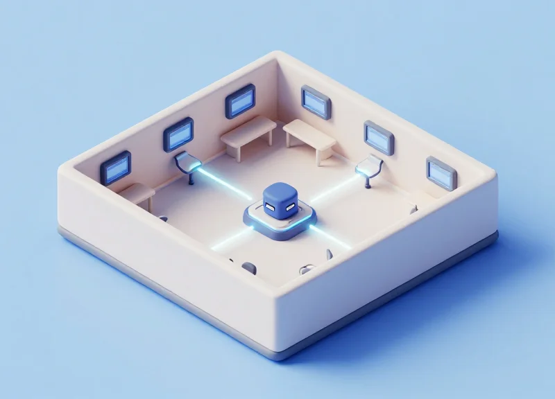 Isometric 3D model of a smart office network with interconnected digital signage modules.