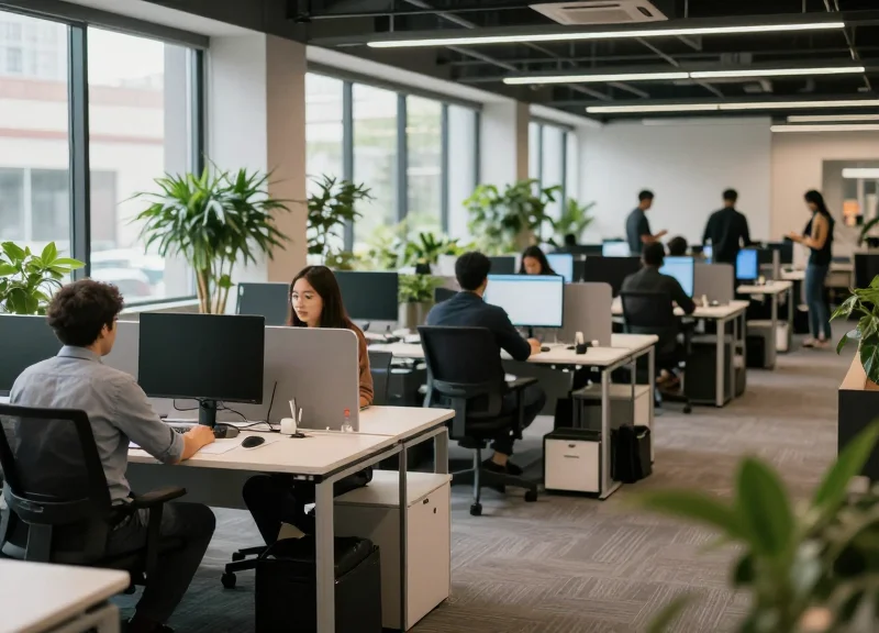 A modern 2026 agile office environment with flexible desks and collaborative spaces.