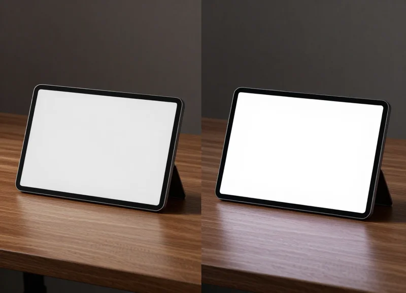 Comparison between a matte E-ink display nameplate and a glossy LCD display nameplate.