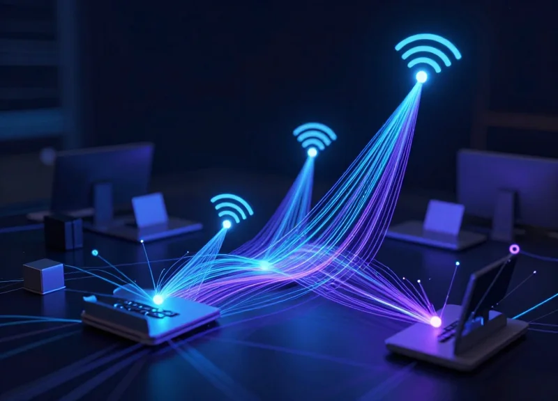 Abstract visualization of wireless connectivity protocols like BLE and Wi-Fi in an office.
