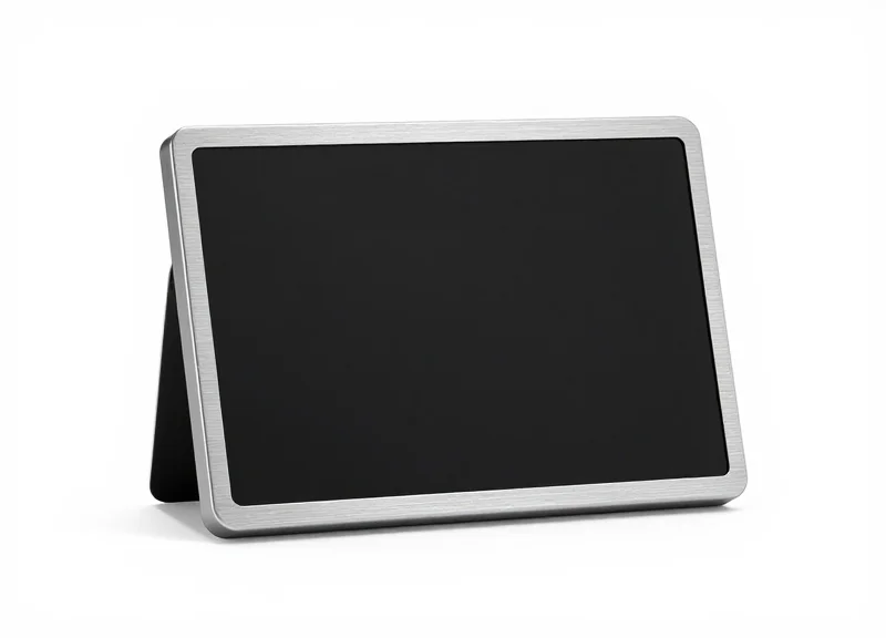 A high-end digital desk nameplate with premium industrial design and metallic finish.